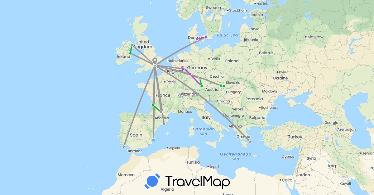 TravelMap itinerary: driving, bus, plane, train, boat in Austria, Germany, Denmark, Spain, France, United Kingdom, Greece, Ireland, Portugal, Slovakia (Europe)